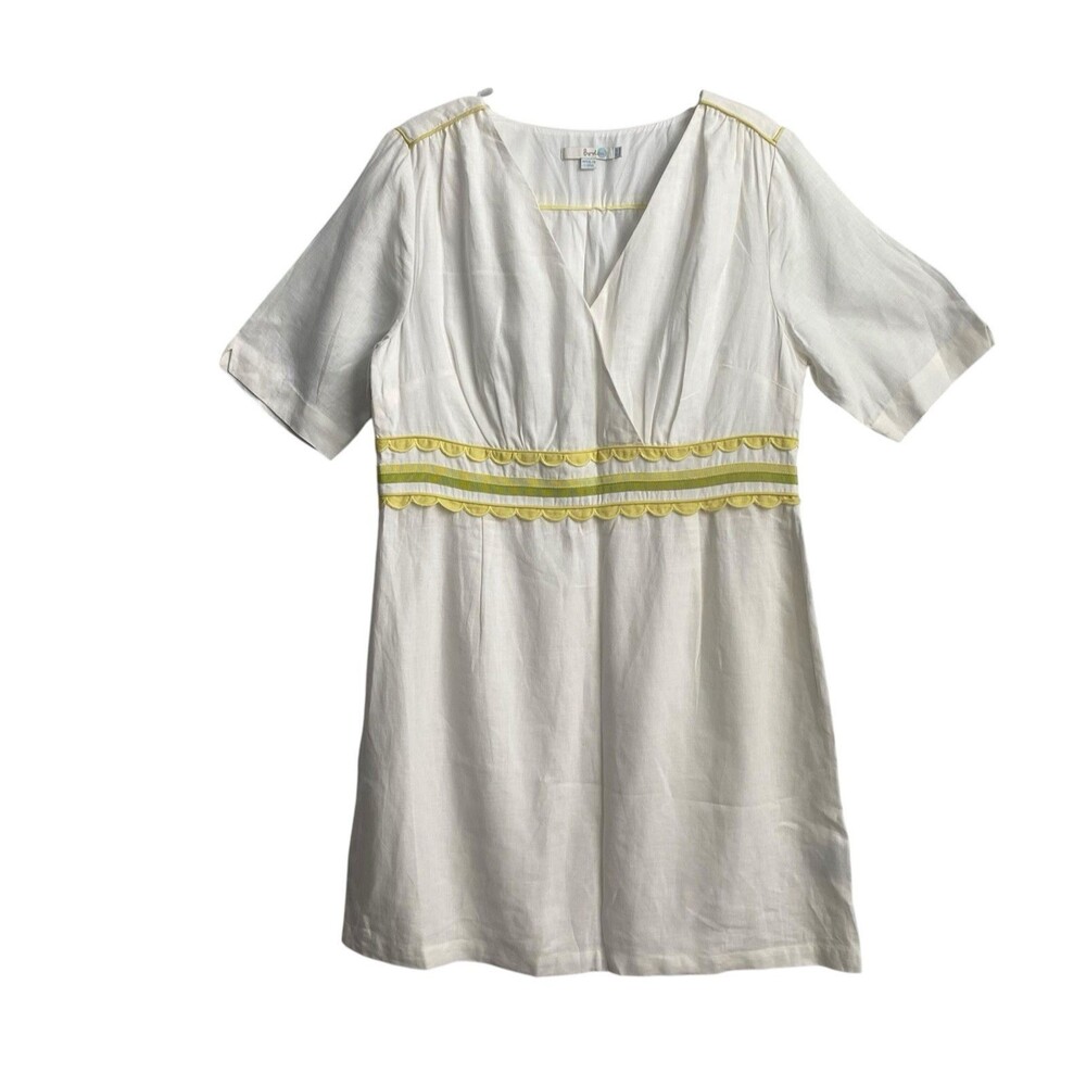 Boden‎ 100% Linen Sz 14R VNeck Short Sleeve A-Line Dress in Cream/ Butter yellow